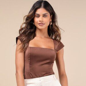 Lulus Sophisticated Intention Brown Satin Cutout Cap Sleeve Bodysuit - Size M